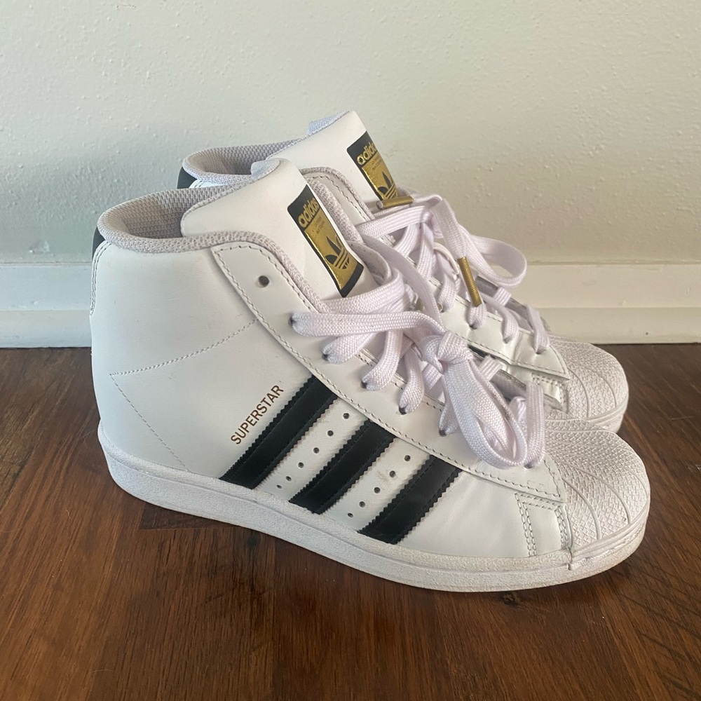 adidas White and Black Superstar High-Top Sneakers